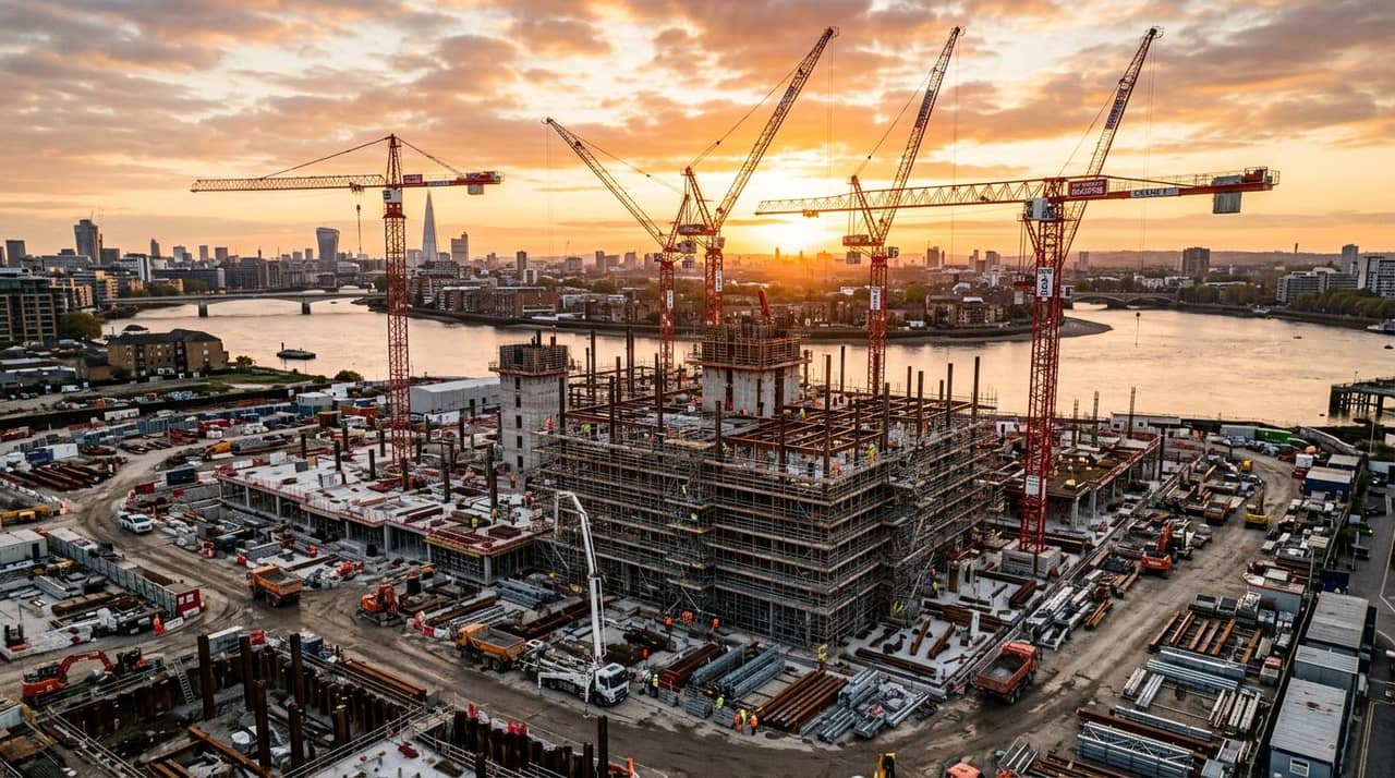 Chantier en cours, équipe au travail, échafaudages