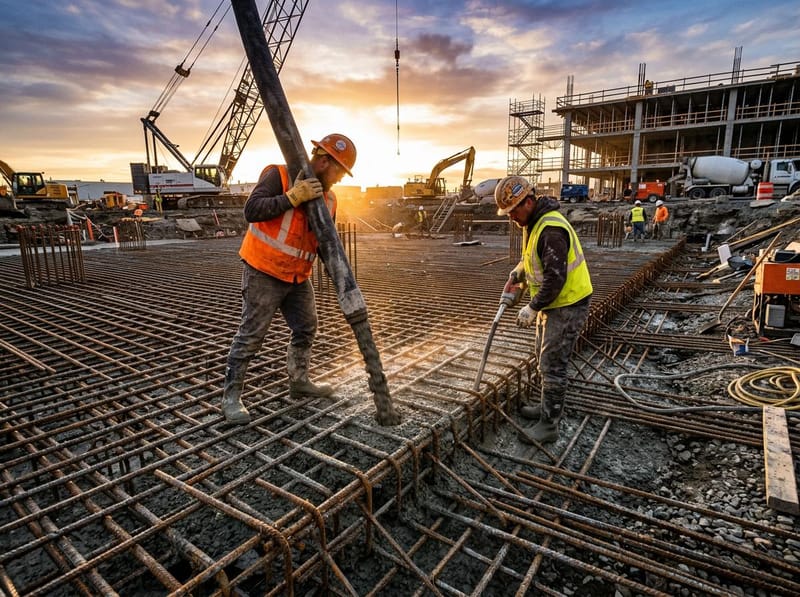 Maçonnerie en cours, blocs de béton et coffrage
